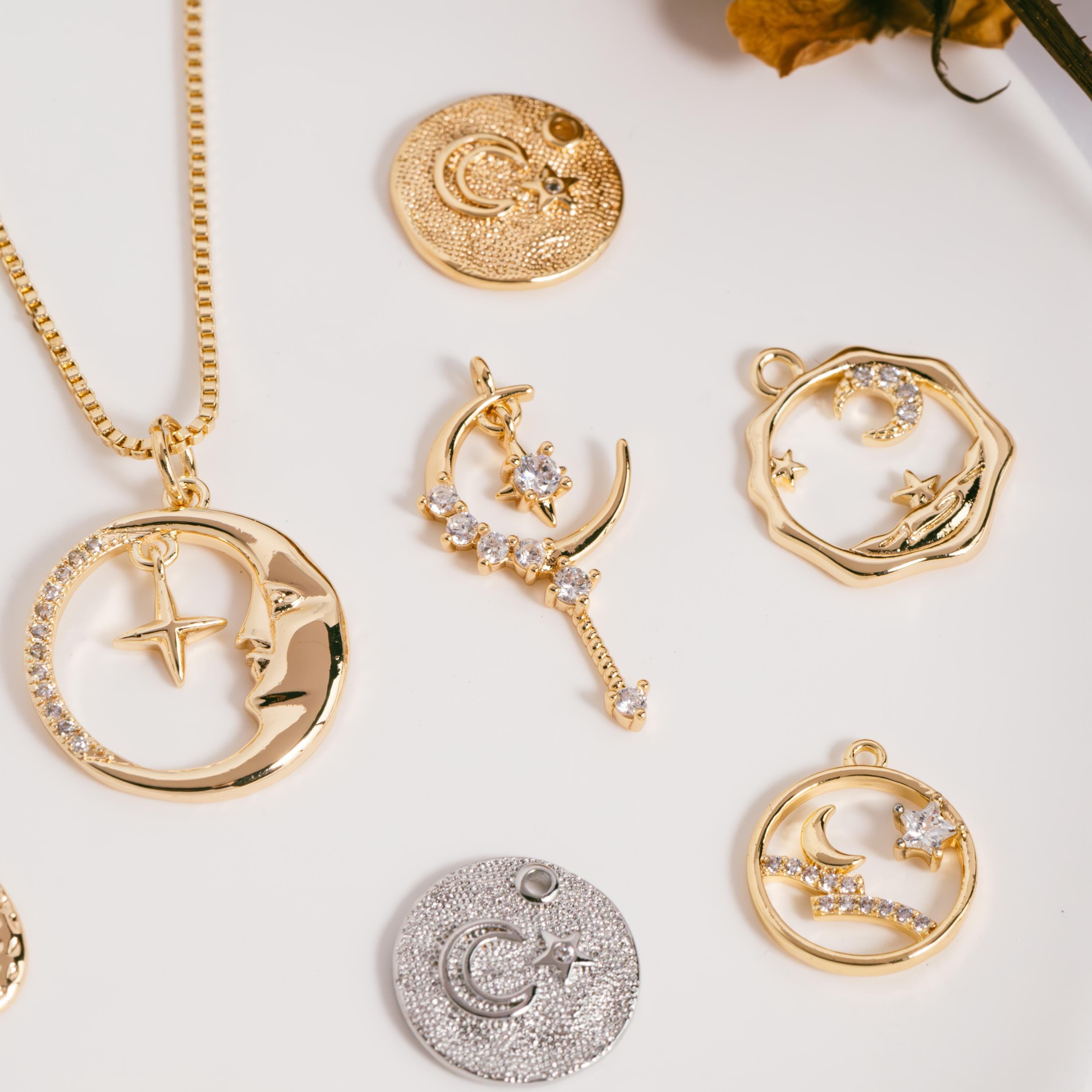 4pcs CZ pave Gold/ Silver Moon Star Charms, 18K Gold/ Rhodium plated Brass Moon Pendants (GB-2433)